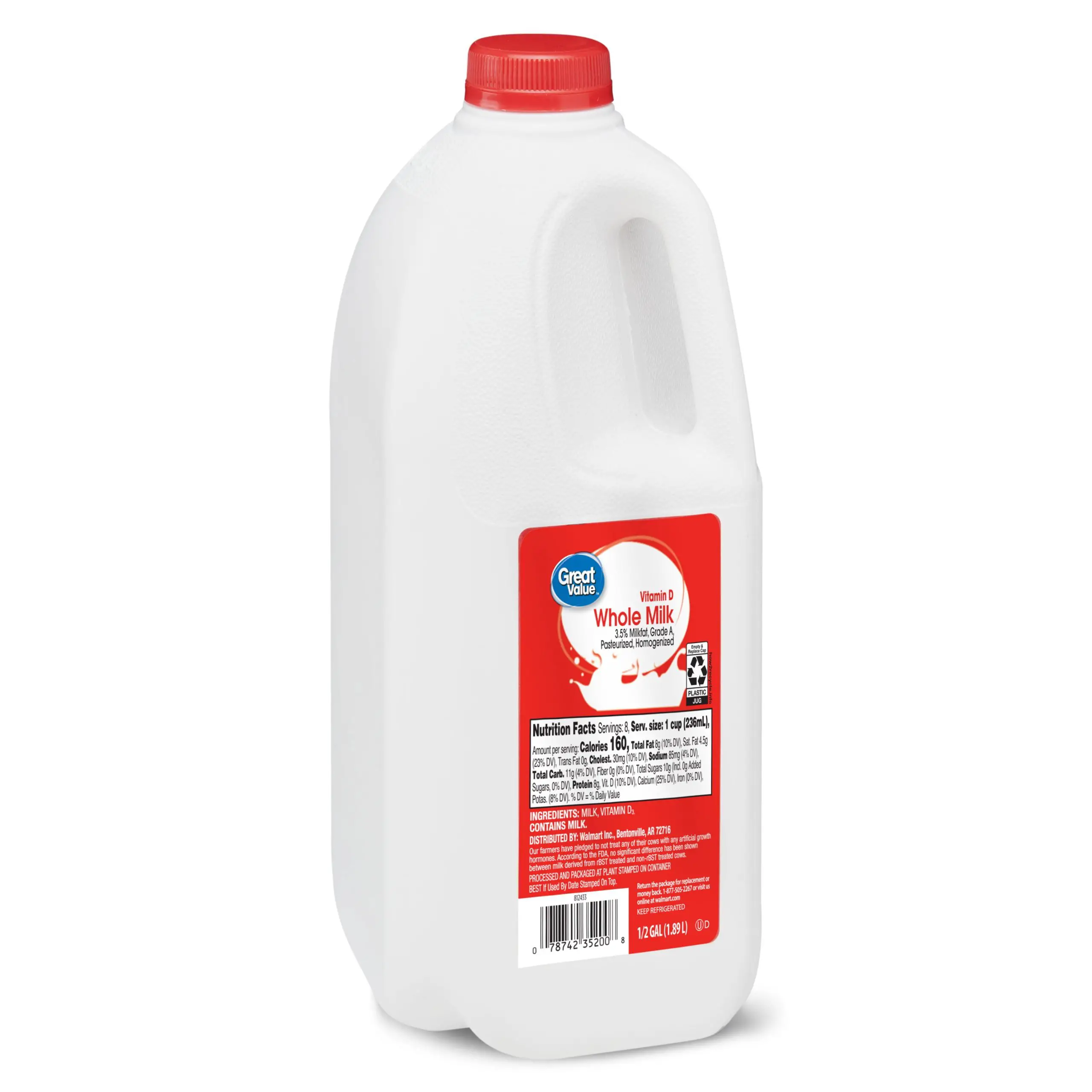 Great Value 3.5% Milk Fat Whole Milk, 64 Fl Oz