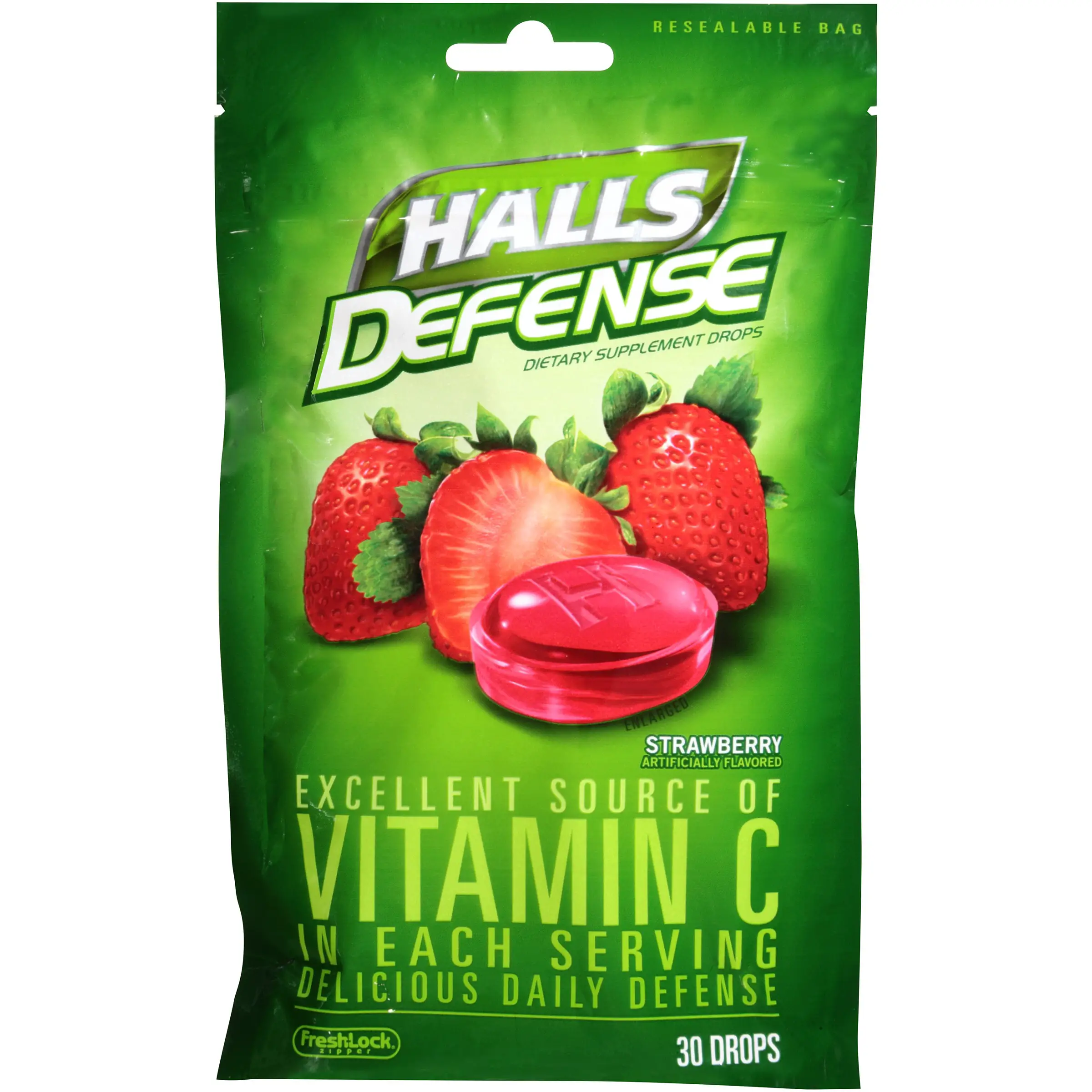 Halls Defense Vitamin C Supplement Drops, Strawberry, 30 Ct