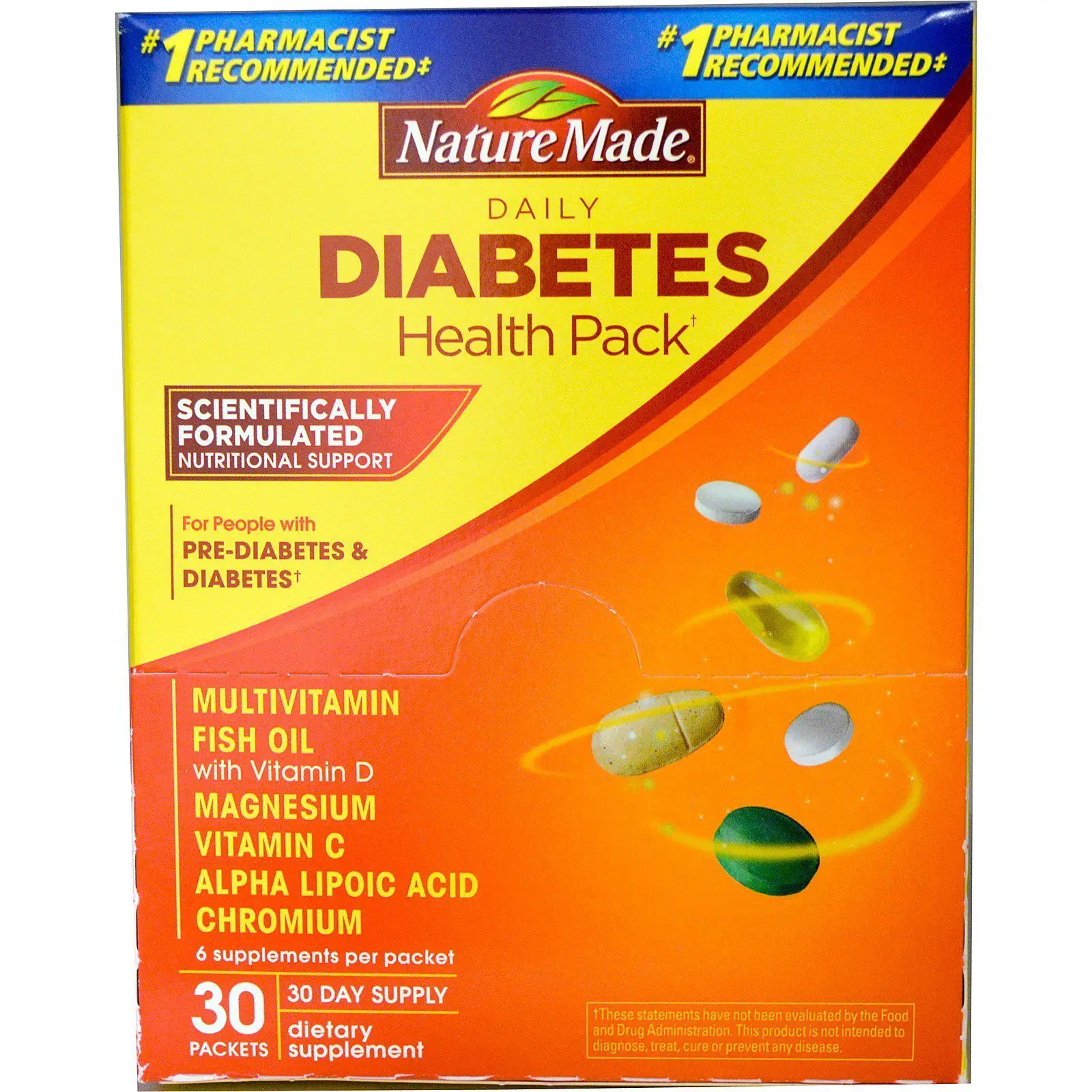 Nature Made, Daily Diabetes Health Pack, 30 Packets, 6 Supplements Per ...