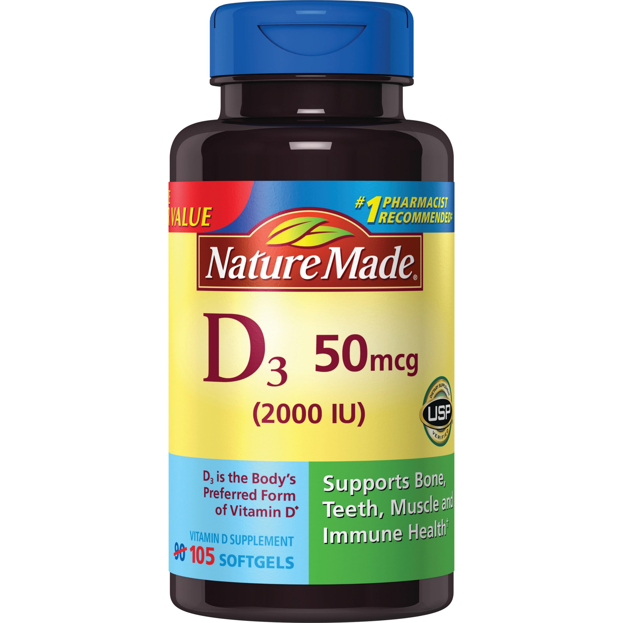 Nature Made Vitamin D3 Softgels, 50 mcg, 2000 IU, 105 ...