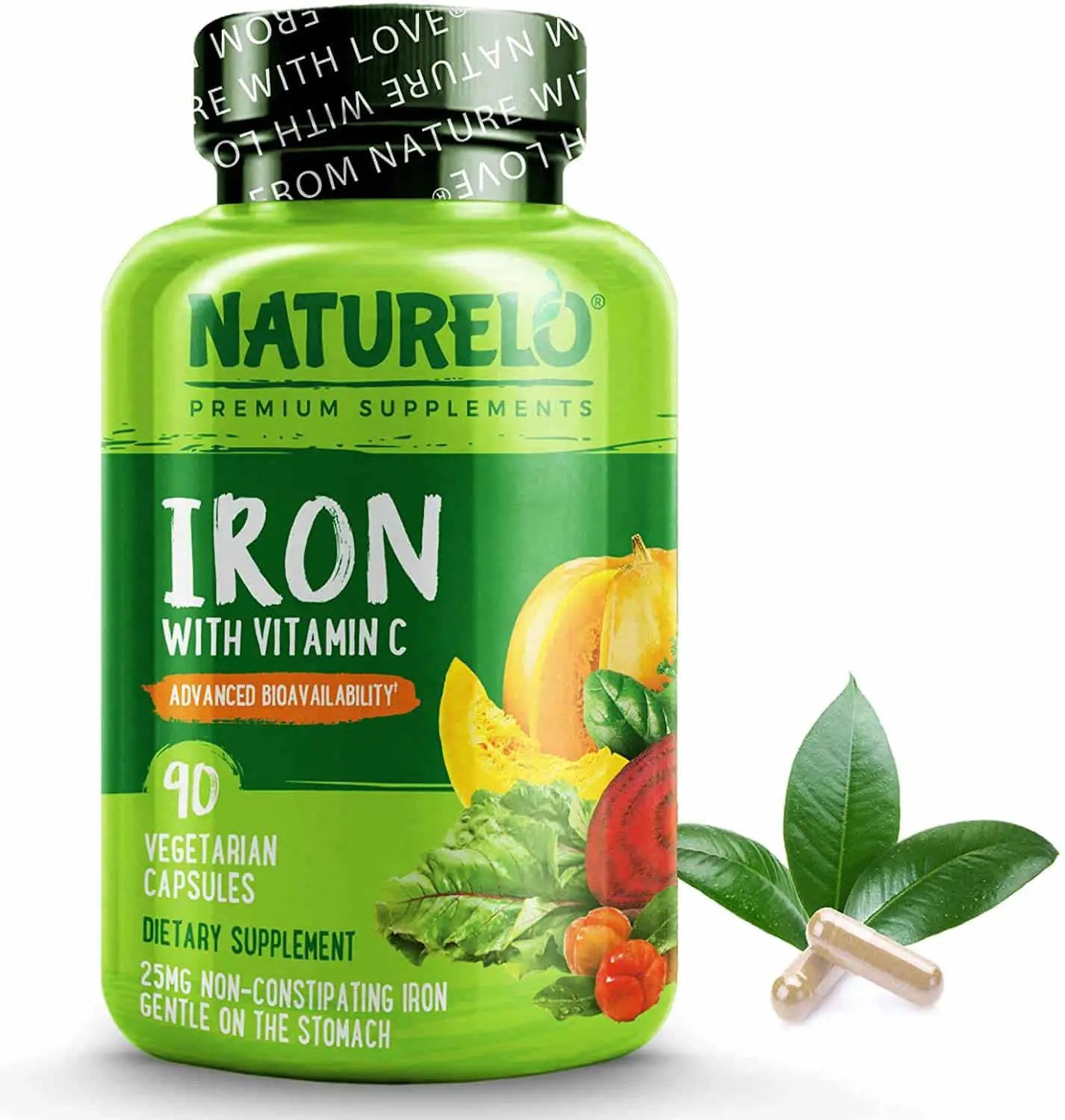 NATURELO Vegan Iron Supplement with Whole Food Vitamin C
