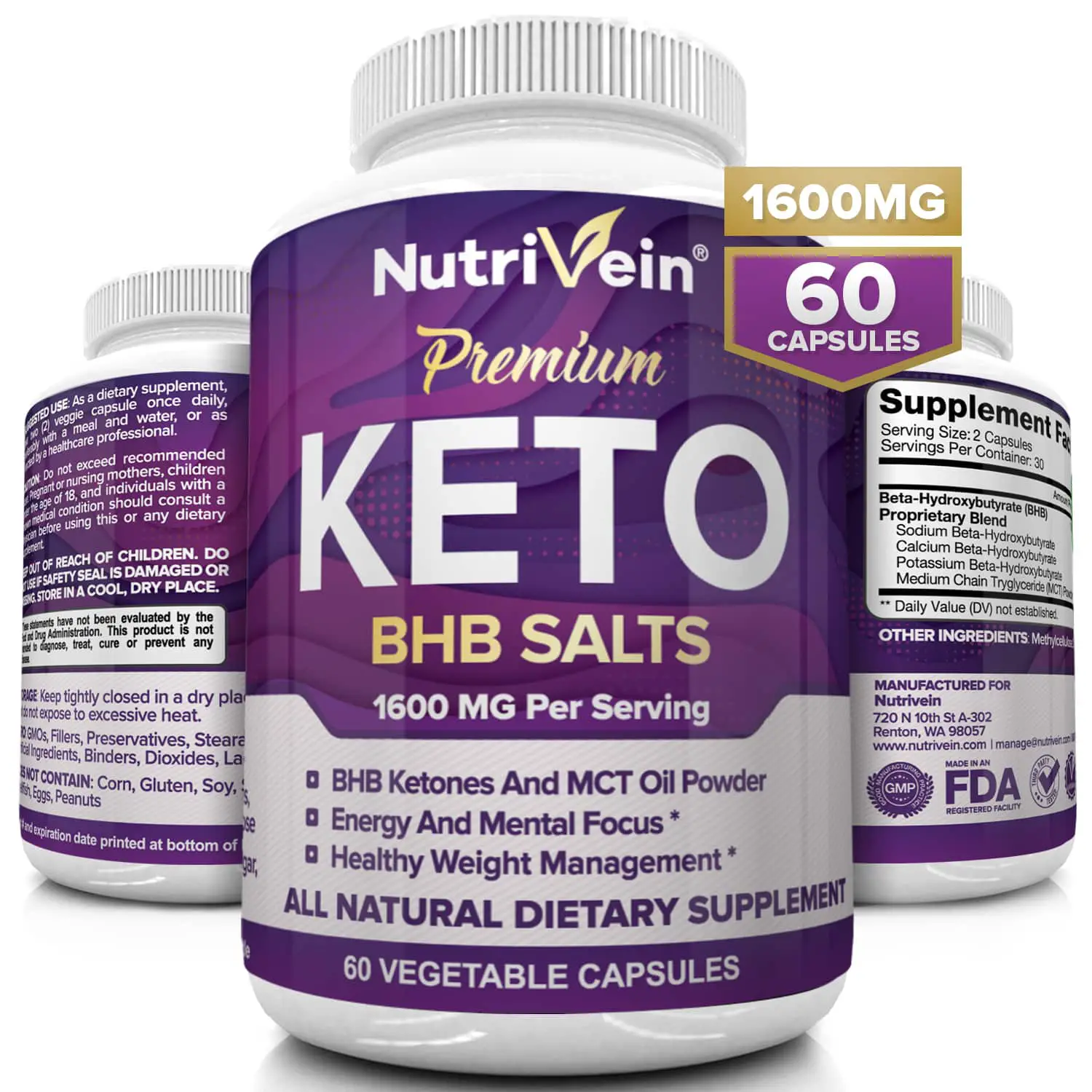 Nutrivein Premium Keto Weight Loss Supplement, 1600 mg, 60 Capsules ...