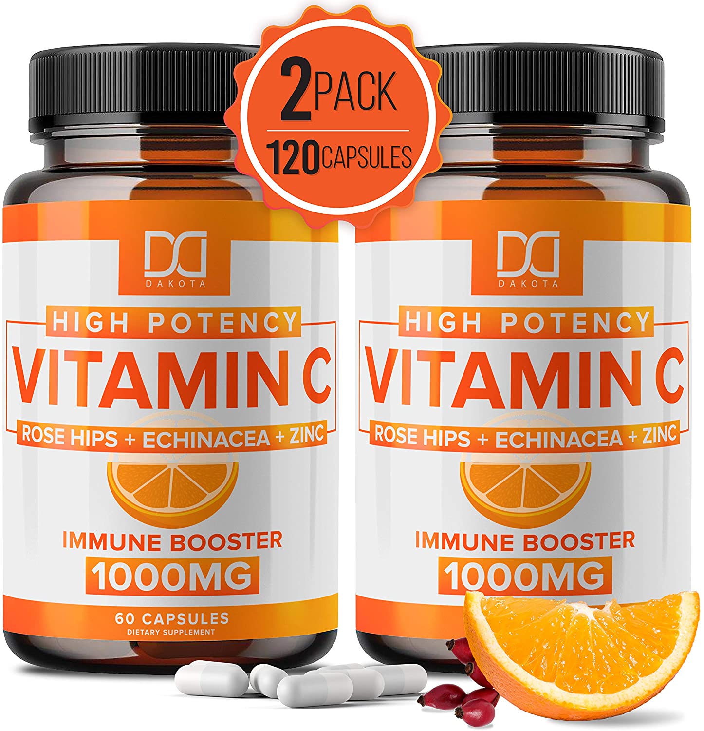 Vitamin C 1000mg W/ Rose Hips, Zinc, Echinacea Supplement For Immune ...